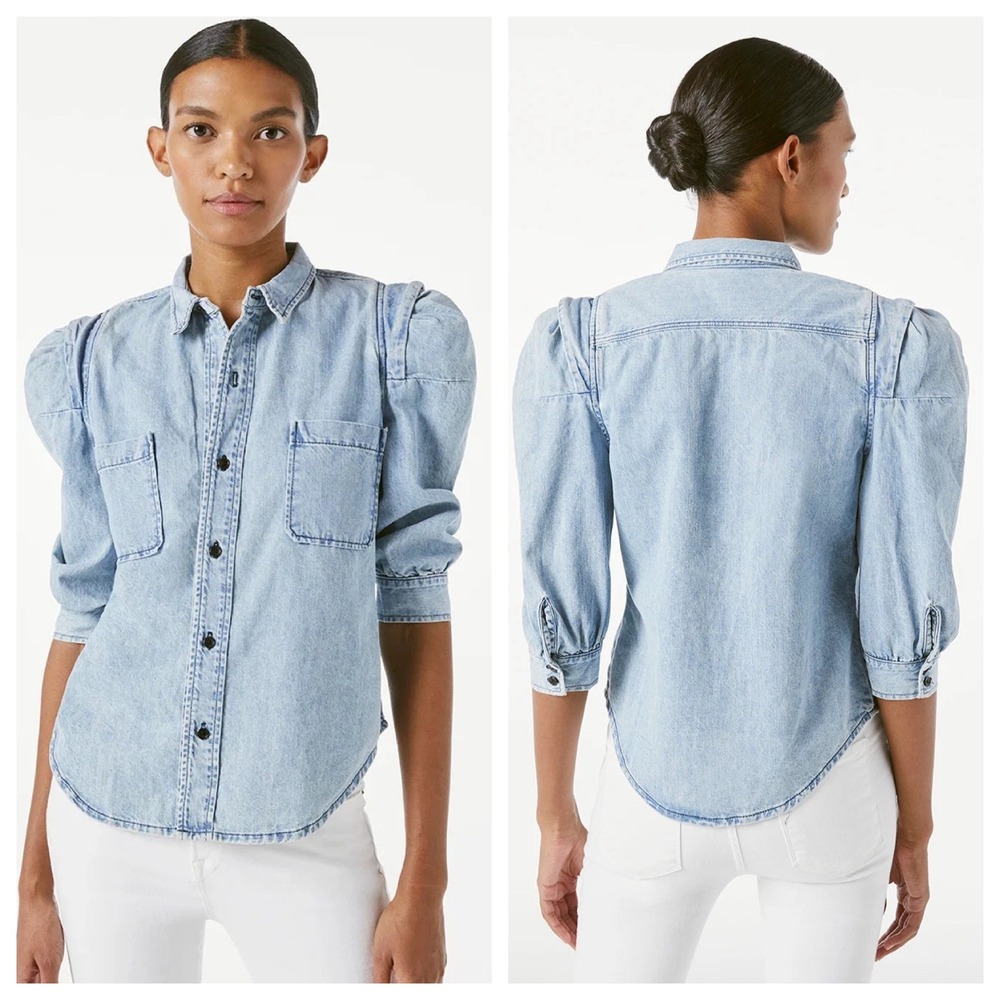 FRAME Rosette Sleeve Denim Shirt Cresthaven Light Wash Puff Sleeve‎ XS